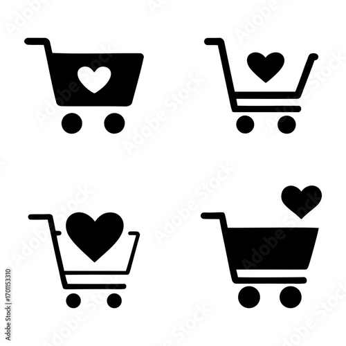 shopping cart icon set. Shopping carts with hearts icons for love and commerce