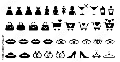 Collection of black and white fashion and beauty icons. set of fashion and beauty icons