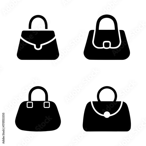 black silhouette icons of different handbags. set of bags. women handbags icons