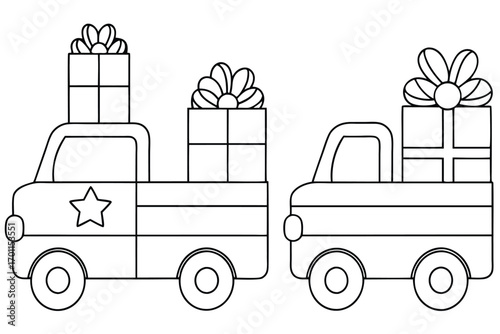 Stylized trucks carrying gifts present