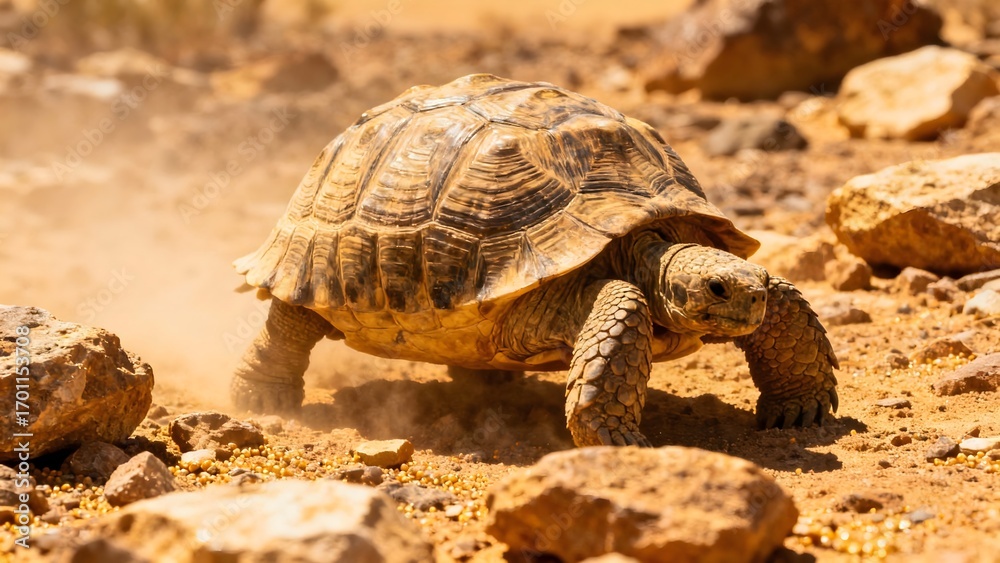 Obraz premium Tortoise walking on dry, dusty ground under bright sun, symbolizing resilience and slow progress in a harsh environment