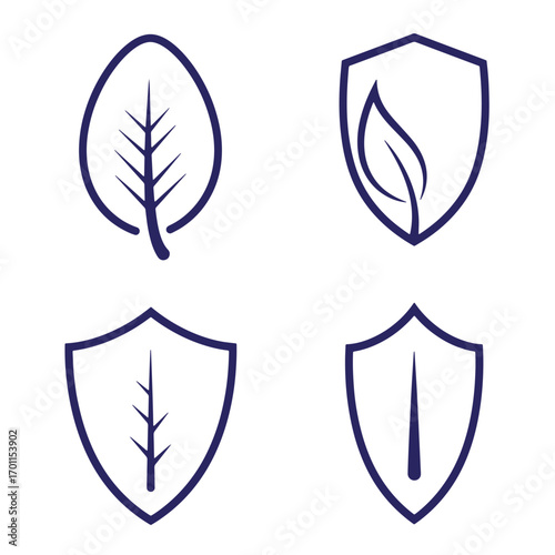 Set of minimalist leaf icons shield logos in various modern outline styles