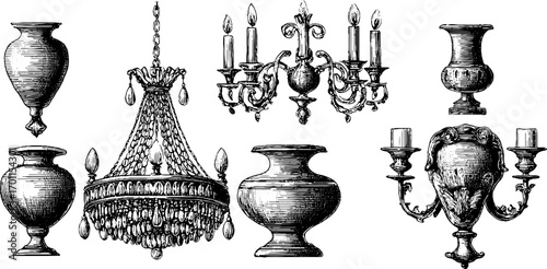 Vintage engraving style chandeliers and vases set for decorative design