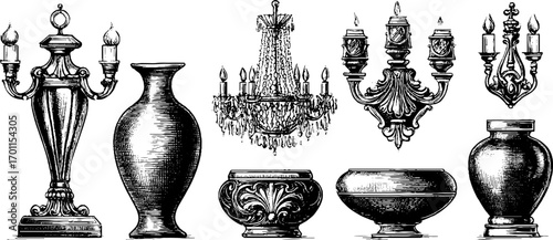 Vintage engraving of classic vases and chandeliers for retro design