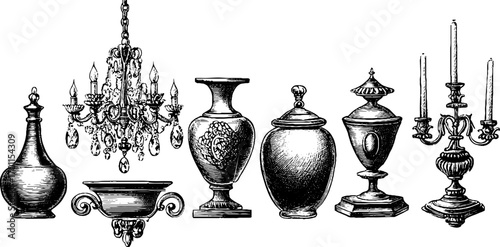 Vintage engraving style illustration of decorative crystal and antique vessels for retro design