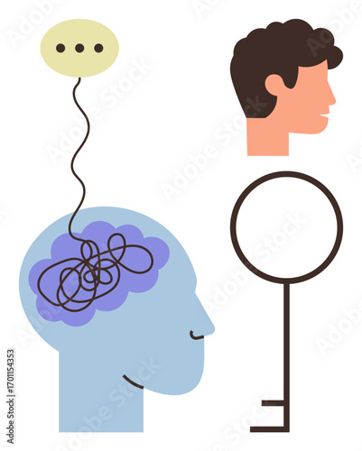 Human head with tangled brain layout, dialogue balloon, another profile, and a key symbolizing communication, problem-solving, empathy, and knowledge. Ideal for psychology, mental health education