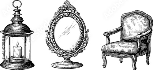 Vintage decor set: lantern, ornate mirror, and antique chair design for retro themes