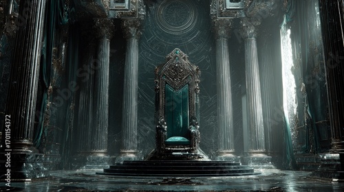 Fototapeta Naklejka Na Ścianę i Meble -  Dark Fantasy Throne Room Scene With Water Features