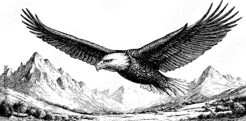 Majestic eagle in flight over mountain landscape - vintage engraving style illustration