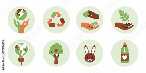 Collection of eight circular icons representing environmental protection sustainability and nature conservation themes