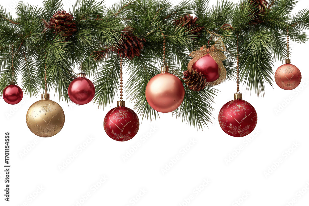 Fototapeta premium Christmas tree with many red and gold ornaments hanging from the branches