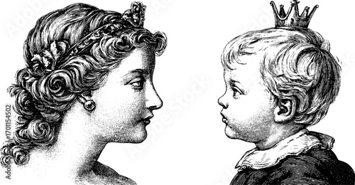 Vintage engraving style portrait of woman and child with crowns - retro feminine art design for cards and posters