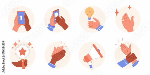 Collection of diverse hands performing actions like holding phones presenting an idea clapping and using a megaphone