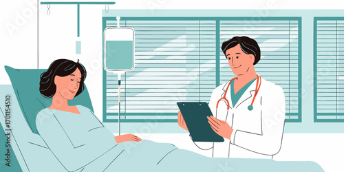 Doctor consults with patient lying in hospital bed receiving intravenous fluid infusion