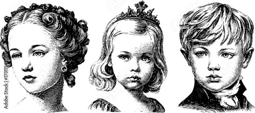 Vintage engraving style hand-drawn portraits of children