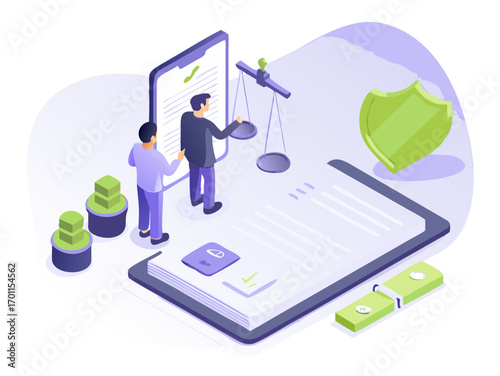 Two people reviewing legal documents and using a balance scale on a tablet with a shield and money nearby