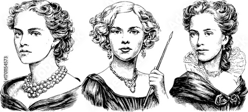 Vintage engraving style illustration of women in victorian fashion set for art and design