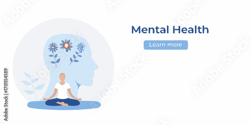Person meditating in lotus pose within a silhouette of a head with flowers representing mental well being