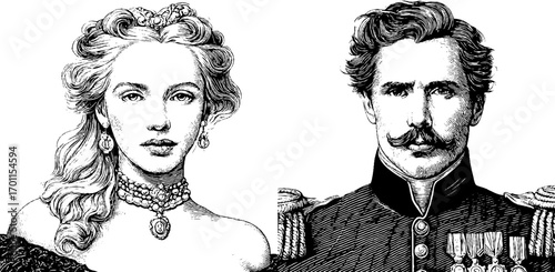 Vintage engraving style portrait illustrations of noble woman and decorated gentleman