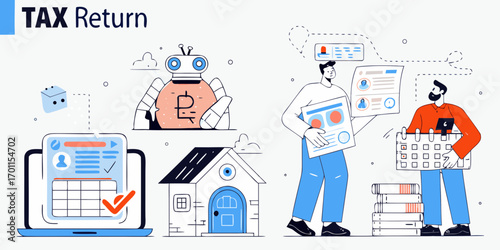 Tax return concept with robot house laptop calendar and people discussing finances
