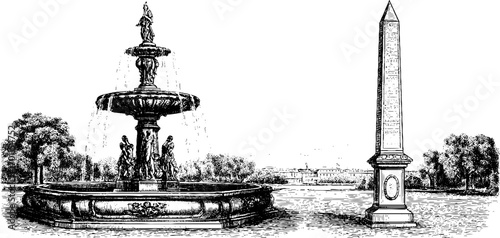 Vintage engraving style illustration of historical fountain and obelisk