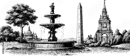 Vintage engraving style illustration of historical fountain and monuments