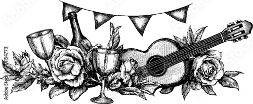 Vintage engraving style illustration of garden party with flowers and guitar