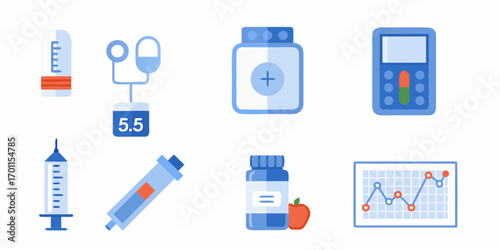 Collection of flat design icons representing diabetes care and management tools