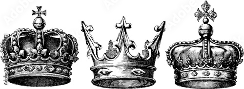 Royal crowns collection in vintage engraving style for historical design and decor