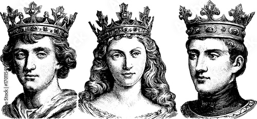 Vintage engraving of regal kings and queen portrait set