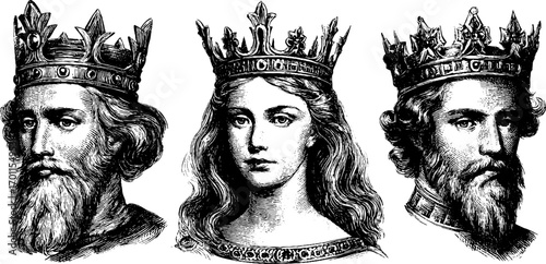 Noble royalty portraits in vintage engraving style - king and queen illustrations