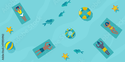 Diverse people relaxing on inflatable mats and beach balls in a bright blue swimming pool with fish and starfish