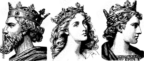 Vintage engraving style portraits of kings and queens for design and decor