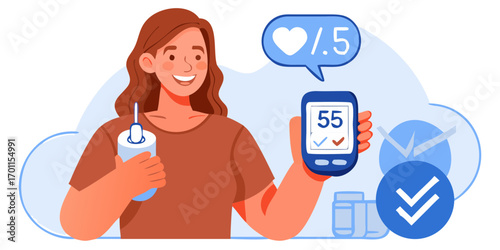 Woman smiling and holding a glucose meter and a lancet device for diabetes management