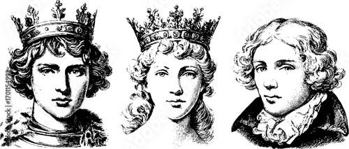 Vintage engraving style portraits of kings and nobility - retro illustration design