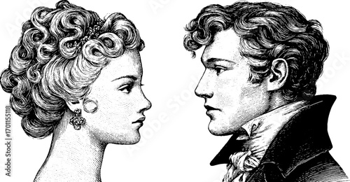 Vintage engraving style portraits of lady and gentleman for classic design projects