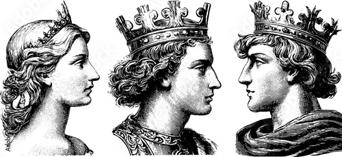 Regal portrait collection: vintage engraving style of medieval royals for design projects