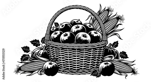 Black and white illustration of a woven basket overflowing with apples, corn, and pumpkins, surrounded by leaves.