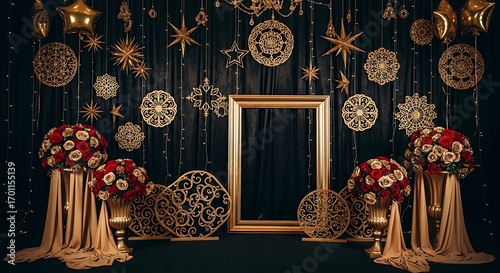 Elegant Golden Snowflake Christmas Photo Booth Backdrop