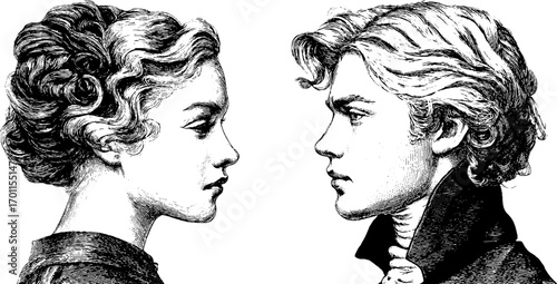 Timeless elegance: vintage engraving of lady and gentleman portraits for retro design