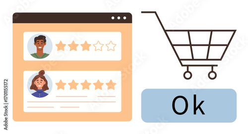 Browser window displaying user ratings alongside a shopping cart graphic and Ok button. Ideal for e-commerce, feedback, rating systems, online shopping, digital customer service, retail analysis