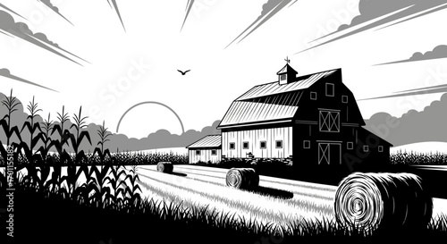 Black and white illustration of a rural landscape with a barn and hay bales.