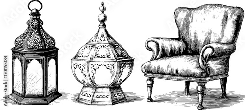 Vintage engraving style illustration set of lanterns and armchair for design
