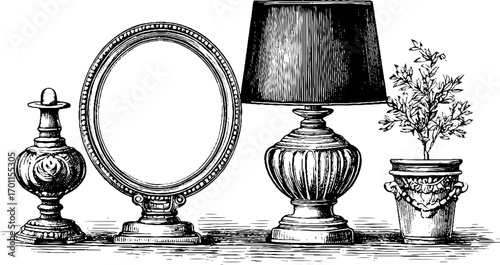 Vintage engraving style illustration set featuring mirror, lamp, vase, and plant for retro design projects