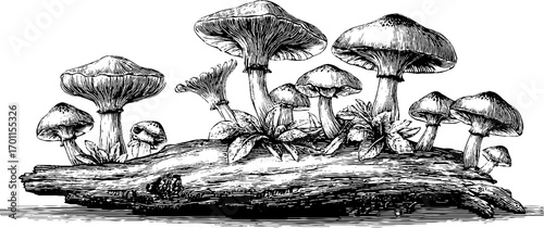 Vintage engraving style illustration of mushroom cluster on log for nature-inspired designs