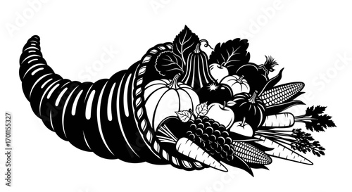 A black and white illustration of a cornucopia overflowing with various fruits and vegetables.