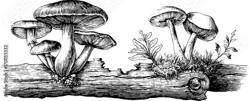 Vintage mushroom engraving illustration set on log with botanical elements for design use