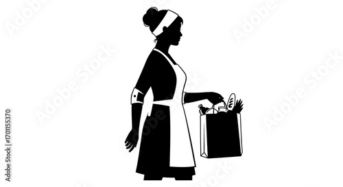 Silhouette of a woman in an apron carrying a shopping bag filled with groceries.