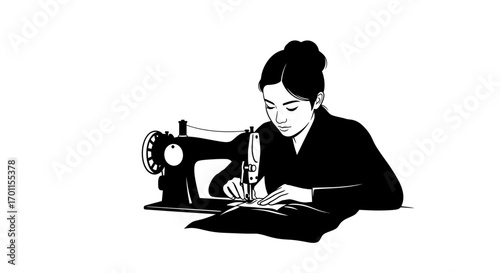 Silhouette of a woman operating a sewing machine, focused on her craft.