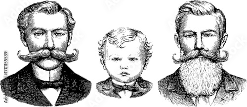 Vintage engraving style illustration set of noble gentlemen and child for retro design